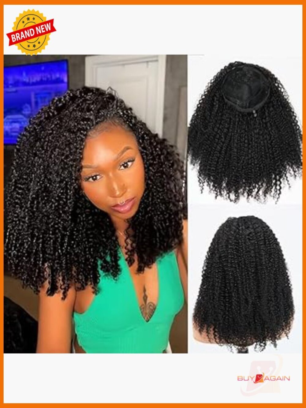 200% Density Kinky Curly Half Wig Human Hair Glueless 18in